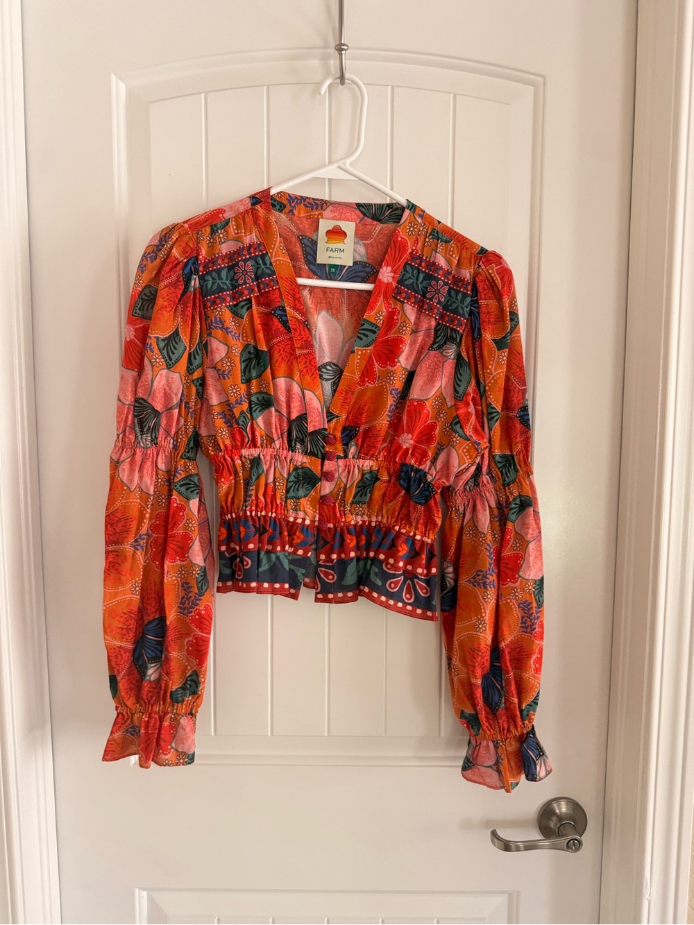 FARM Rio Vibrant Orange & Pink Floral V-Neck Smocked Blouse